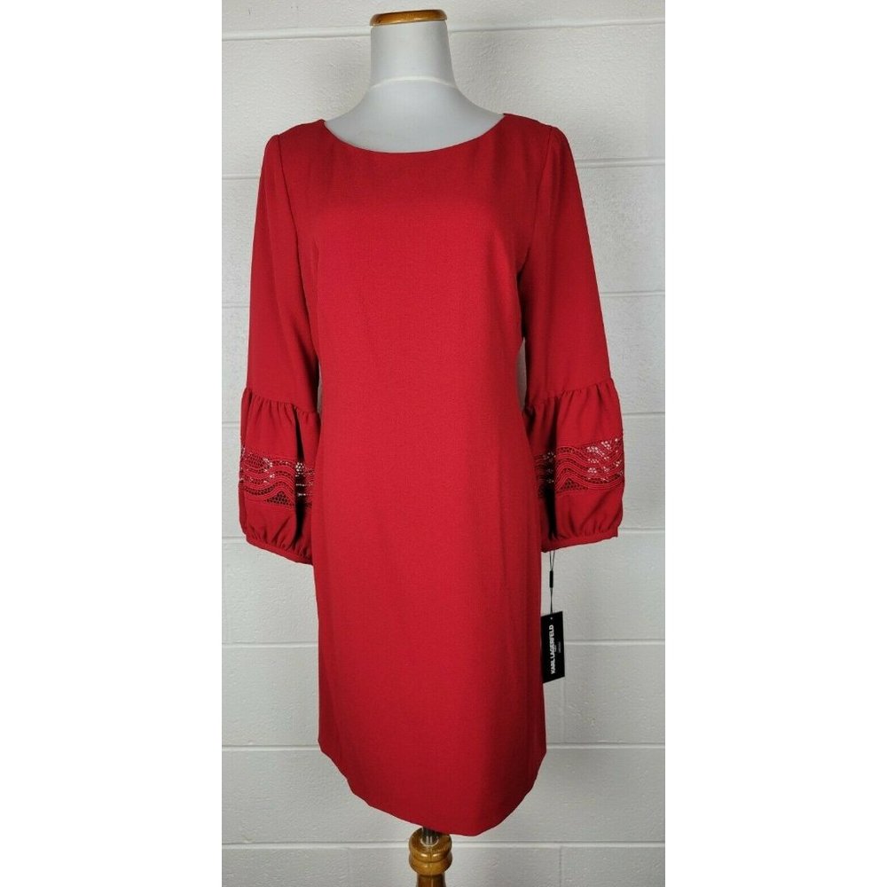 New Karl Lagerfeld Red‎ Crepe Lace Sleeves Sheath Dress sz 10